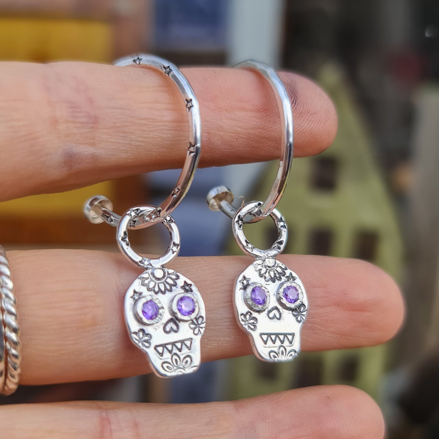 Sugar Skull Gemstone Hoop Earrings