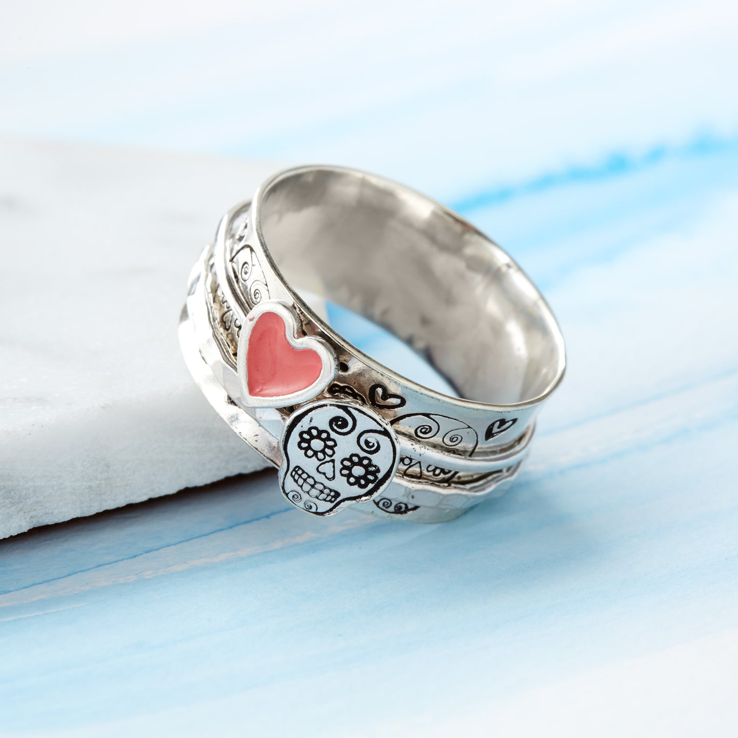 Sugar Skull Sterling Silver Spinner Ring
