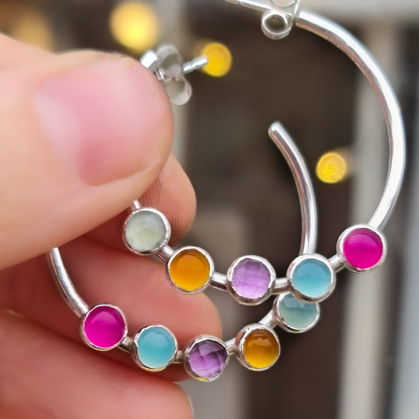 Rainbow Gemstone Hoop Earrings