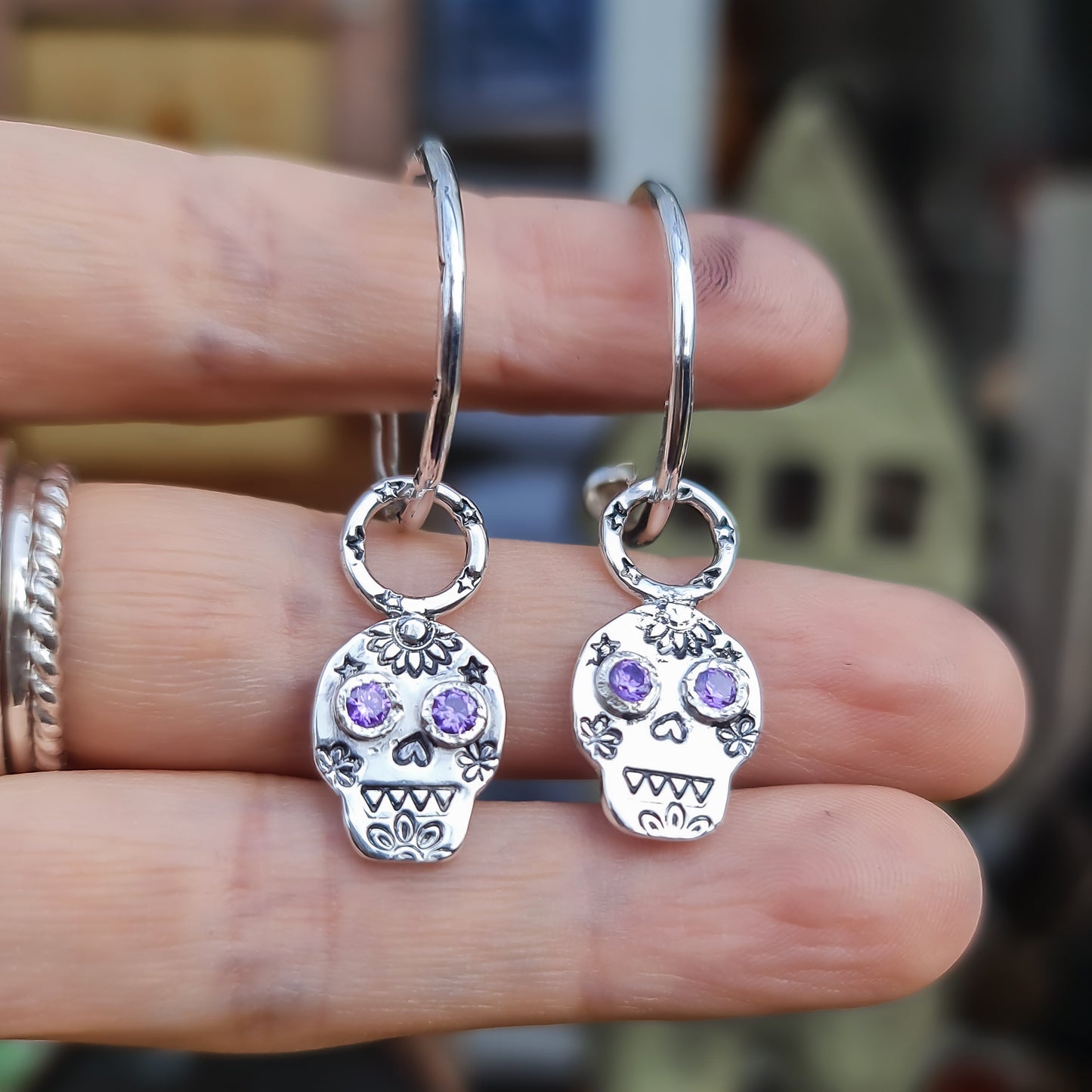 Sugar Skull Gemstone Hoop Earrings